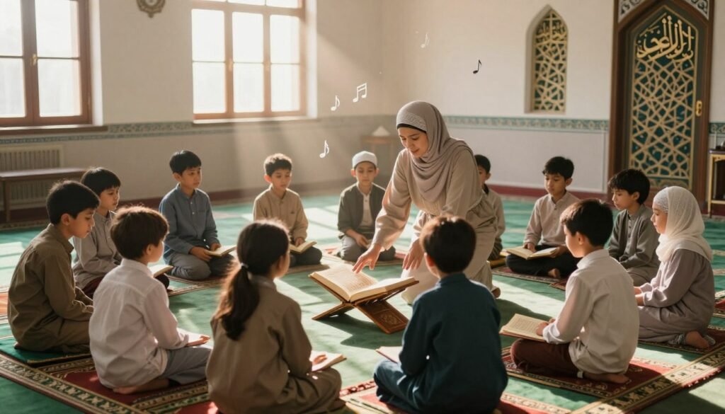 مشهدٌ هادئٌ في فصلٍ دراسيٍّ إسلاميٍّ، يضمُّ مجموعةً متنوّعةً من الأطفال، تتراوح أعمارهم بين 6 و10 سنوات، منهمكينَ في حفظ سورة الأعلى. في المقدمة، تُرشدُ مُعلِّمةٌ، ترتدي زيًّا محتشمًا، الأطفالَ في التكرار. يجلسُ الأطفال، بنينًا وبناتًا، في نصف دائرةٍ على سجاداتِ صلاةٍ مُلوَّنة، مُركِّزينَ أنظارَهم على مصحفٍ مفتوحٍ موضوعٍ في المنتصف. في الوسط، يتسلَّلُ ضوءُ الشمسِ الخافتُ عبرَ نوافذَ كبيرة، مُلقيًا بوهجٍ دافئٍ وجذّابٍ على المشهد. على الجدران، تُضفيُ النقوشُ الهندسيةُ المُتقنةُ والخطُّ العربيُّ لمسةً ثقافيةً. الجوُّ هادئٌ ومُركِّزٌ، يُؤكِّدُ على متعةِ التعلُّمِ والنموِّ الروحي، مع موسيقى خلفيةٍ هادئةٍ وروحانيةٍ تُوحي بها إشاراتٌ بصريةٌ مثل النوتاتِ الموسيقيةِ التي تطفو في الهواء.