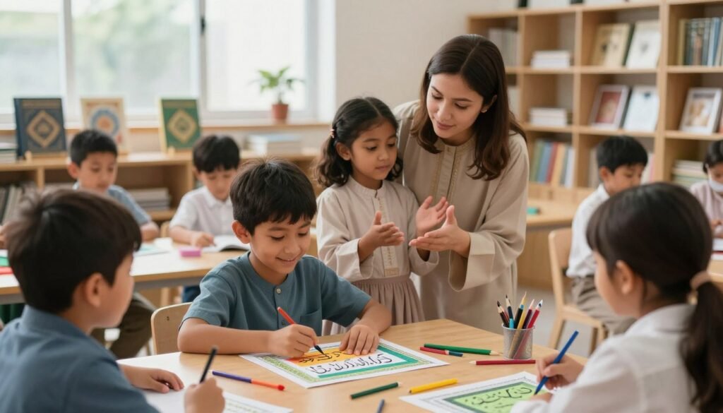 A serene and inviting classroom setting where a diverse group of children are engaged in hands-on activities focused on learning the Quran. In the foreground, a cheerful young boy is busy creating a colorful craft project depicting a verse from the Quran, surrounded by art supplies. The middle ground features a compassionate teacher guiding a girl in a traditional outfit, showing her how to recite a verse with expressive gestures. In the background, shelves filled with Islamic books and resources create a warm, educational atmosphere. Soft, natural light filters through large windows, illuminating the scene and evoking a sense of peace and curiosity. The mood feels nurturing and supportive, encouraging children to connect deeply with their faith through interactive learning. A serene and inviting classroom setting where a diverse group of children are engaged in hands-on activities focused on learning the Quran. In the foreground, a cheerful young boy is busy creating a colorful craft project depicting a verse from the Quran, surrounded by art supplies. The middle ground features a compassionate teacher guiding a girl in a traditional outfit, showing her how to recite a verse with expressive gestures. In the background, shelves filled with Islamic books and resources create a warm, educational atmosphere. Soft, natural light filters through large windows, illuminating the scene and evoking a sense of peace and curiosity. The mood feels nurturing and supportive, encouraging children to connect deeply with their faith through interactive learning.