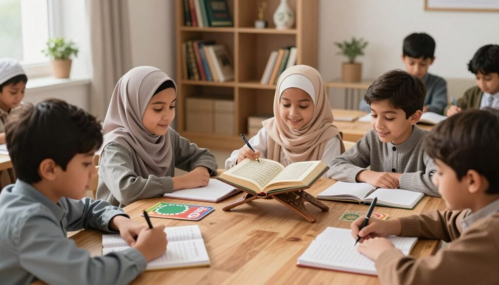 A serene and inviting study environment filled with warm natural light, highlighting a well-organized learning space dedicated to memorizing Surah Yaseen. In the foreground, a diverse group of children, including a Muslim boy and girl, are sitting attentively at a wooden table, their expressions focused yet joyful as they recite verses from the Quran. Each child is dressed in modest, comfortable clothing suitable for learning. The middle ground features an open Quran, showing the relevant verses, alongside notebooks and colorful educational materials. In the background, a cozy bookshelf filled with Islamic literature and decorative elements adds depth to the scene. The overall atmosphere is one of encouragement, unity, and peaceful learning. The angle captures both the children's engagement and the inviting ambiance of their study space.