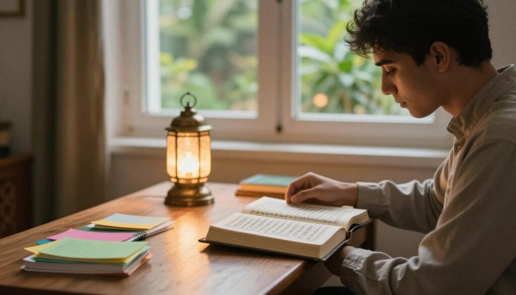 A serene and peaceful study scene capturing a person deeply engaged in memorizing Quranic verses using the "حزمة آية وترديد" method. In the foreground, a young adult sits at a wooden desk, surrounded by open Quranic texts and colorful notes. The individual wears modest casual clothing, reflecting focus and devotion. In the middle ground, a softly glowing lamp illuminates the workspace, casting warm light over the pages. The background features a tranquil window with sunlight streaming in, revealing a lush green garden, symbolizing life and growth. The atmosphere is calm and contemplative, inviting viewers to immerse themselves in the practice of reflecting on and memorizing the verses, highlighting the accessible approach to understanding Surah Yasin. A serene and peaceful study scene capturing a person deeply engaged in memorizing Quranic verses using the "حزمة آية وترديد" method. In the foreground, a young adult sits at a wooden desk, surrounded by open Quranic texts and colorful notes. The individual wears modest casual clothing, reflecting focus and devotion. In the middle ground, a softly glowing lamp illuminates the workspace, casting warm light over the pages. The background features a tranquil window with sunlight streaming in, revealing a lush green garden, symbolizing life and growth. The atmosphere is calm and contemplative, inviting viewers to immerse themselves in the practice of reflecting on and memorizing the verses, highlighting the accessible approach to understanding Surah Yasin.
