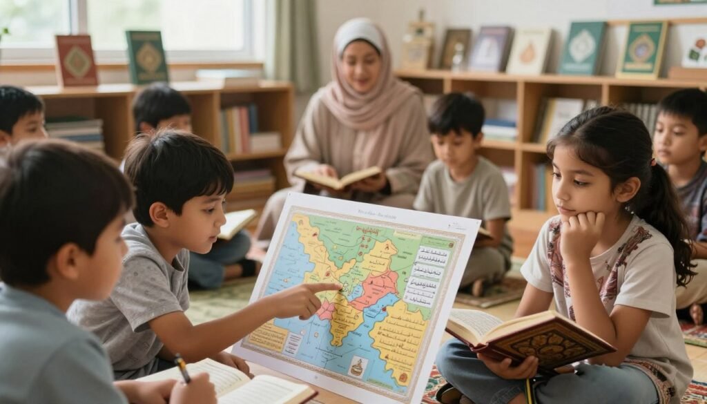A serene classroom environment showcasing a diverse group of children, aged 6 to 10, attentively engaged in a visually stimulating learning experience centered around Quran memorization using the visual method. In the foreground, a young boy points excitedly at a colorful illustrated map of Surah Yaseen, filled with key themes and concepts, while a girl next to him holds a Quran, her expression thoughtful and curious. In the middle ground, an educator, dressed in modest attire, guides the children with warm encouragement. The background features shelves filled with Islamic books and decorations that inspire a connection to their heritage. Soft, natural lighting filters through the windows, creating a warm, inviting atmosphere that fosters learning and spiritual growth. A serene classroom environment showcasing a diverse group of children, aged 6 to 10, attentively engaged in a visually stimulating learning experience centered around Quran memorization using the visual method. In the foreground, a young boy points excitedly at a colorful illustrated map of Surah Yaseen, filled with key themes and concepts, while a girl next to him holds a Quran, her expression thoughtful and curious. In the middle ground, an educator, dressed in modest attire, guides the children with warm encouragement. The background features shelves filled with Islamic books and decorations that inspire a connection to their heritage. Soft, natural lighting filters through the windows, creating a warm, inviting atmosphere that fosters learning and spiritual growth.