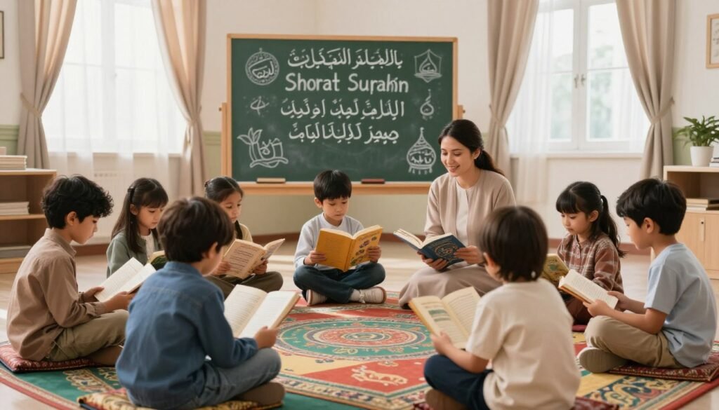 A serene classroom setting designed for children, focusing on the theme of learning and memorization of short Surahs. In the foreground, a diverse group of young children, ages 6-8, are gathered around a colorful rug, eagerly reading from illustrated books. Some are engaging with their peers while others listen attentively to a gentle, smiling teacher in modest attire, patiently explaining verses from Surah Yasin. The middle ground showcases a large, bright chalkboard with simple drawings of Quranic motifs related to the verses being taught. The background features calm, warm lighting streaming through large windows adorned with soft drapes, creating an inviting and educational atmosphere. The overall mood is one of encouragement, curiosity, and a nurturing learning environment. A serene classroom setting designed for children, focusing on the theme of learning and memorization of short Surahs. In the foreground, a diverse group of young children, ages 6-8, are gathered around a colorful rug, eagerly reading from illustrated books. Some are engaging with their peers while others listen attentively to a gentle, smiling teacher in modest attire, patiently explaining verses from Surah Yasin. The middle ground showcases a large, bright chalkboard with simple drawings of Quranic motifs related to the verses being taught. The background features calm, warm lighting streaming through large windows adorned with soft drapes, creating an inviting and educational atmosphere. The overall mood is one of encouragement, curiosity, and a nurturing learning environment.