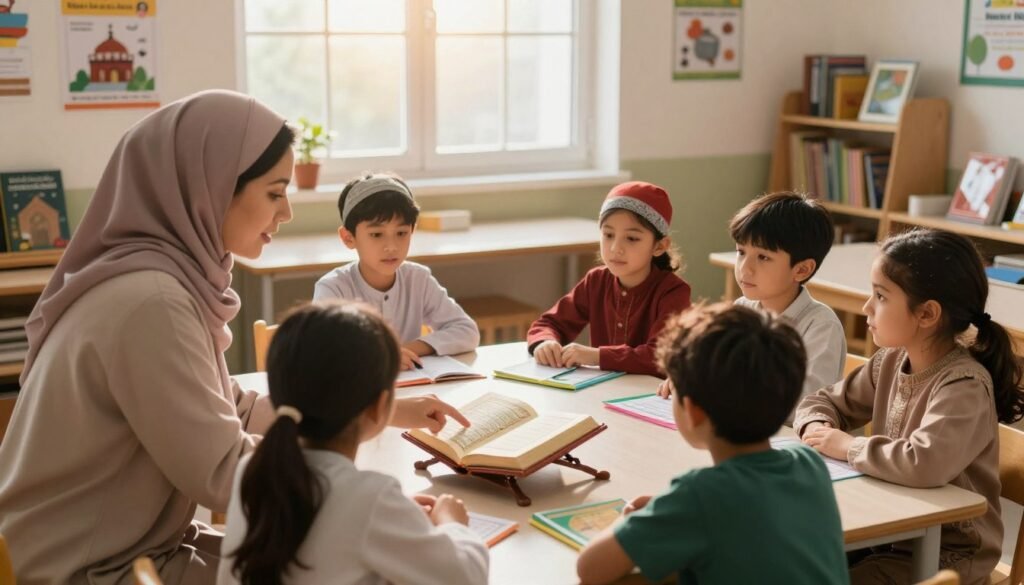 A serene classroom setting designed for teaching the Quran to children, with a diverse group of young learners (aged 6-10) engaged in a lesson. In the foreground, a teacher, wearing modest casual clothing, is pointing to an open Quran on a desk filled with colorful learning materials. The children, wearing culturally diverse but modest outfits, are attentively looking at the teacher and the Quran. In the middle, a large window lets in warm, soft sunlight, creating a peaceful atmosphere. The background features shelves lined with Islamic books and educational posters. The mood is focused and inspirational, reflecting the theme of nurturing faith and learning in a modern context. The image should capture a sense of dedication and enthusiasm for learning. A serene classroom setting designed for teaching the Quran to children, with a diverse group of young learners (aged 6-10) engaged in a lesson. In the foreground, a teacher, wearing modest casual clothing, is pointing to an open Quran on a desk filled with colorful learning materials. The children, wearing culturally diverse but modest outfits, are attentively looking at the teacher and the Quran. In the middle, a large window lets in warm, soft sunlight, creating a peaceful atmosphere. The background features shelves lined with Islamic books and educational posters. The mood is focused and inspirational, reflecting the theme of nurturing faith and learning in a modern context. The image should capture a sense of dedication and enthusiasm for learning.