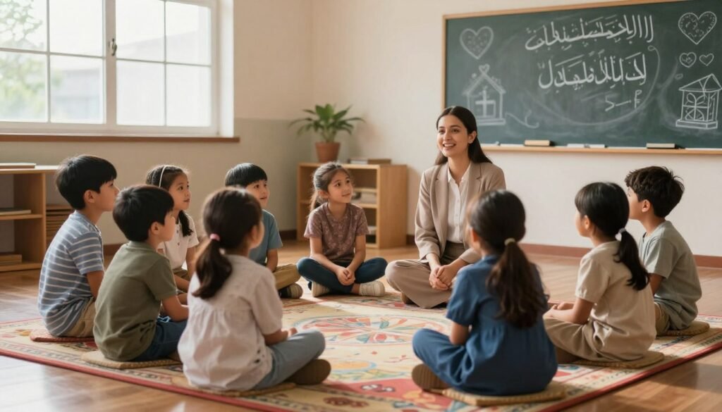 A serene classroom setting, featuring a group of children aged 6 to 8 sitting in a circle on a colorful rug. They are attentively listening to a kind and approachable teacher, who is sharing stories from Surah Yaseen. The children, dressed in modest casual attire, display a range of expressions—from curiosity to joy. Soft, warm light filters through large windows, creating a cozy atmosphere. In the background, a chalkboard displays gentle illustrations related to the lessons, such as hearts and symbols of unity. The mood is nurturing and encouraging, illustrating the bonds of learning and faith. The scene conveys confidence and hope, emphasizing the importance of instilling values of mercy and guidance in young hearts.