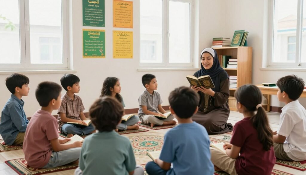 مشهدٌ هادئٌ لفصلٍ دراسيٍّ يضمُّ أطفالًا منهمكين في حفظ سورة الأعلى. في المقدمة، تستمع مجموعةٌ متنوعةٌ من الأطفال المتحمسين، يرتدون ملابسَ بسيطةً محتشمة، بانتباهٍ إلى معلمٍ يشرح معاني الآيات. في المنتصف، تُزيِّن الجدرانَ ملصقاتٌ تعليميةٌ ملونةٌ تُبيِّن فوائد الحفظ، بينما تُضفي رفوفُ الكتب الصغيرة المليئة بالمصاحف والكتب الدراسية لمسةً دافئةً على المكان. أما الخلفية، فتتميز بنوافذَ مشرقةٍ تُدخل ضوءًا طبيعيًا ناعمًا، مما يخلق جوًا مُريحًا وجذابًا. يسود المشهد جوٌّ من البهجة والتعلم، مُؤكدًا على الفوائد الروحية والمعرفية لحفظ هذه السورة. ينبغي أن تكون الصورة نابضةً بالحياة ومُلهمة، تُجسِّد جوهر المعرفة والإيمان.