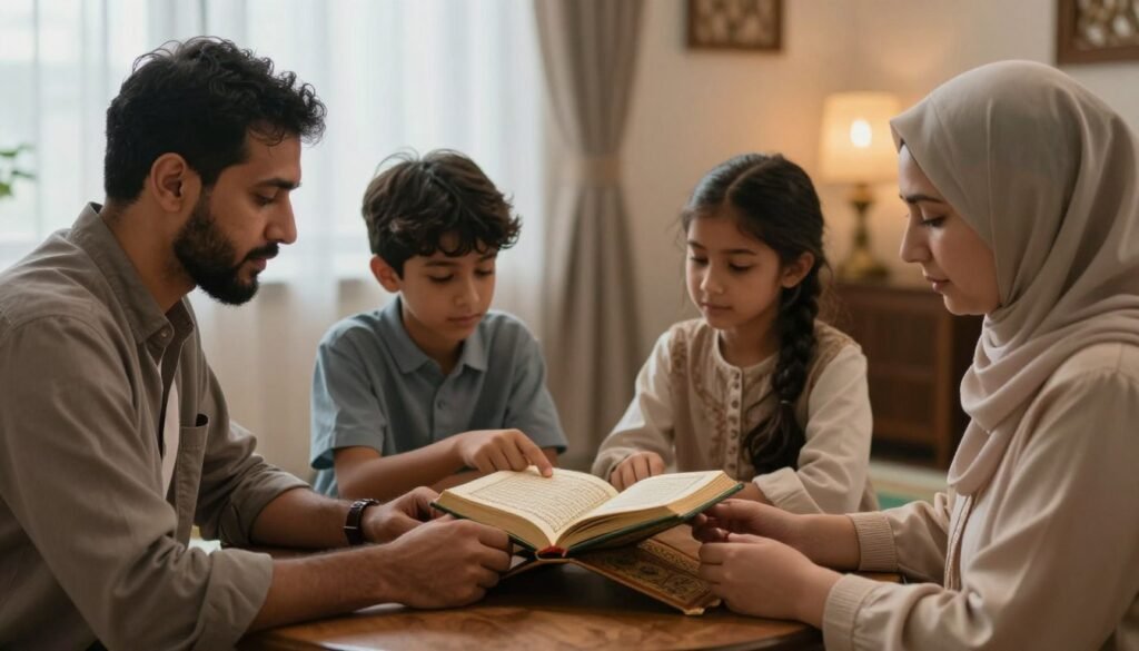 A serene family setting with a diverse group of four individuals gathered around a wooden table, engaging in the recitation of Surah Yasin together. In the foreground, a middle-aged man and woman, dressed in modest casual attire, hold a beautifully illustrated copy of the Quran, their expressions filled with tranquility and devotion. In the middle ground, a young boy and girl are focusing intently, with the boy pointing at a verse while the girl listens attentively. The background features soft ambient lighting filtering through a window adorned with sheer curtains, creating a warm, inviting atmosphere. The mood is peaceful and reflective, symbolizing the spiritual benefits and unity that come from memorizing and reciting the holy verses of Surah Yasin. A serene family setting with a diverse group of four individuals gathered around a wooden table, engaging in the recitation of Surah Yasin together. In the foreground, a middle-aged man and woman, dressed in modest casual attire, hold a beautifully illustrated copy of the Quran, their expressions filled with tranquility and devotion. In the middle ground, a young boy and girl are focusing intently, with the boy pointing at a verse while the girl listens attentively. The background features soft ambient lighting filtering through a window adorned with sheer curtains, creating a warm, inviting atmosphere. The mood is peaceful and reflective, symbolizing the spiritual benefits and unity that come from memorizing and reciting the holy verses of Surah Yasin.