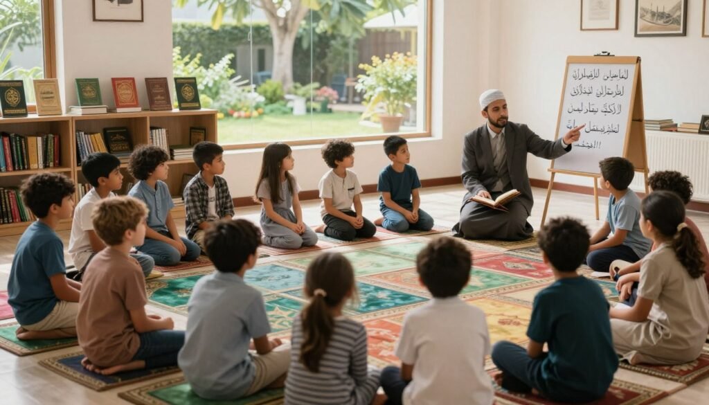 A serene scene depicting a Quran memorization class, set in a sunlit room filled with children. In the foreground, a diverse group of kids—boys and girls from various backgrounds—are sitting in a semi-circle, attentively listening to a teacher, who is calmly explaining concepts from the Quran. The teacher, dressed in modest and professional clothing, points to verses written on an easel. In the middle, colorful mats cover the floor, adding warmth to the atmosphere. The background features shelves filled with Islamic books and a large window showcasing a peaceful garden outside, allowing soft, natural light to filter in. The overall mood is one of focus, tranquility, and inspiration, embodying the theme of breaking free from distractions and fostering a love for learning.