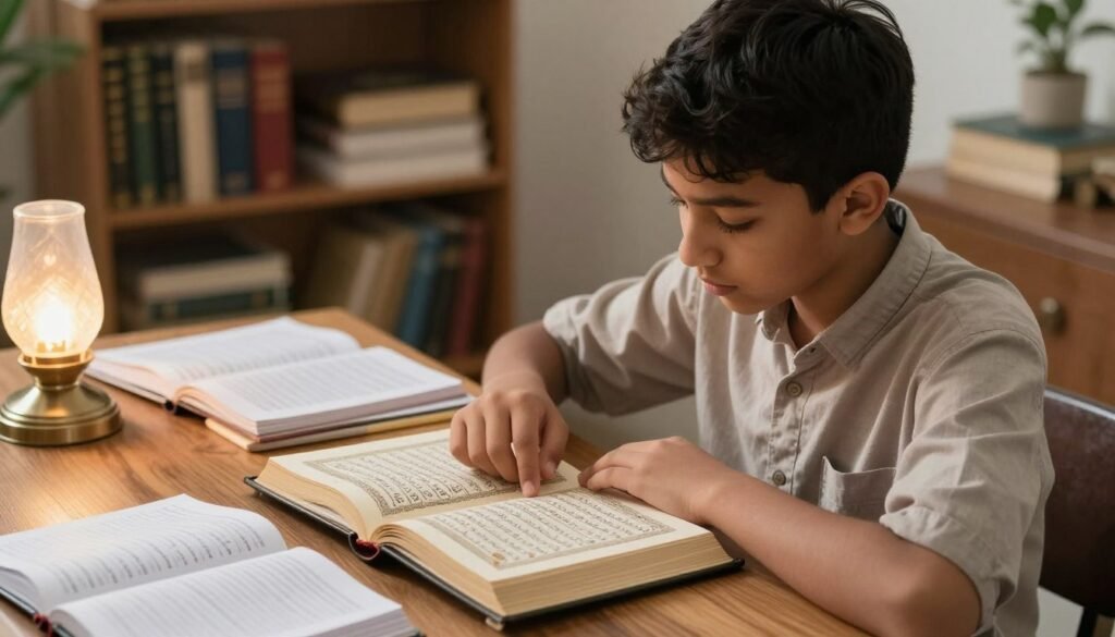 A serene study space dedicated to learning the Quran, featuring a young Muslim student in modest casual clothing, seated at a wooden desk with Quranic verses displayed on an open Quran. The student is engaged in repeating verses from Surah Yasin (29-33), displaying focus and passion. Surrounding them are open books and notes, symbolizing a methodical approach to memorization. In the background, shelves filled with Islamic literature and a softly glowing lamp create a warm, inviting atmosphere. The lighting is soft and natural, illuminating the scene, while a slight depth of field blurs the outer details, emphasizing the student and their study materials. The mood is contemplative and peaceful, reflecting dedication to spiritual learning. A serene study space dedicated to learning the Quran, featuring a young Muslim student in modest casual clothing, seated at a wooden desk with Quranic verses displayed on an open Quran. The student is engaged in repeating verses from Surah Yasin (29-33), displaying focus and passion. Surrounding them are open books and notes, symbolizing a methodical approach to memorization. In the background, shelves filled with Islamic literature and a softly glowing lamp create a warm, inviting atmosphere. The lighting is soft and natural, illuminating the scene, while a slight depth of field blurs the outer details, emphasizing the student and their study materials. The mood is contemplative and peaceful, reflecting dedication to spiritual learning.