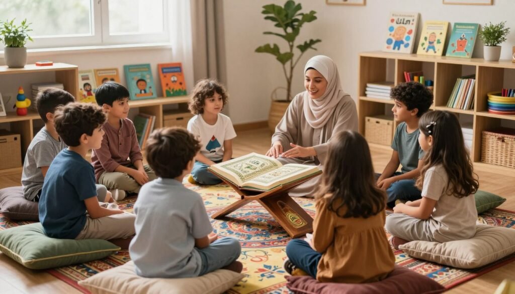 A vibrant, inviting corner dedicated to teaching the Quran to children, featuring a cozy rug with colorful patterns and soft cushions for seating. In the foreground, a diverse group of children (wearing modest casual clothing) are attentively listening to an adult guide, who is engaging them with a large, beautifully illustrated Quran. The atmosphere is warm and nurturing, with soft, diffused lighting that creates a sense of peacefulness. In the middle ground, shelves filled with children's books about Islam and art supplies are neatly arranged, adding an educational touch. In the background, a window lets in natural light, illuminating the space with a soft glow. The overall mood is joyful and inspiring, encouraging a love for learning and spirituality. A vibrant, inviting corner dedicated to teaching the Quran to children, featuring a cozy rug with colorful patterns and soft cushions for seating. In the foreground, a diverse group of children (wearing modest casual clothing) are attentively listening to an adult guide, who is engaging them with a large, beautifully illustrated Quran. The atmosphere is warm and nurturing, with soft, diffused lighting that creates a sense of peacefulness. In the middle ground, shelves filled with children's books about Islam and art supplies are neatly arranged, adding an educational touch. In the background, a window lets in natural light, illuminating the space with a soft glow. The overall mood is joyful and inspiring, encouraging a love for learning and spirituality.