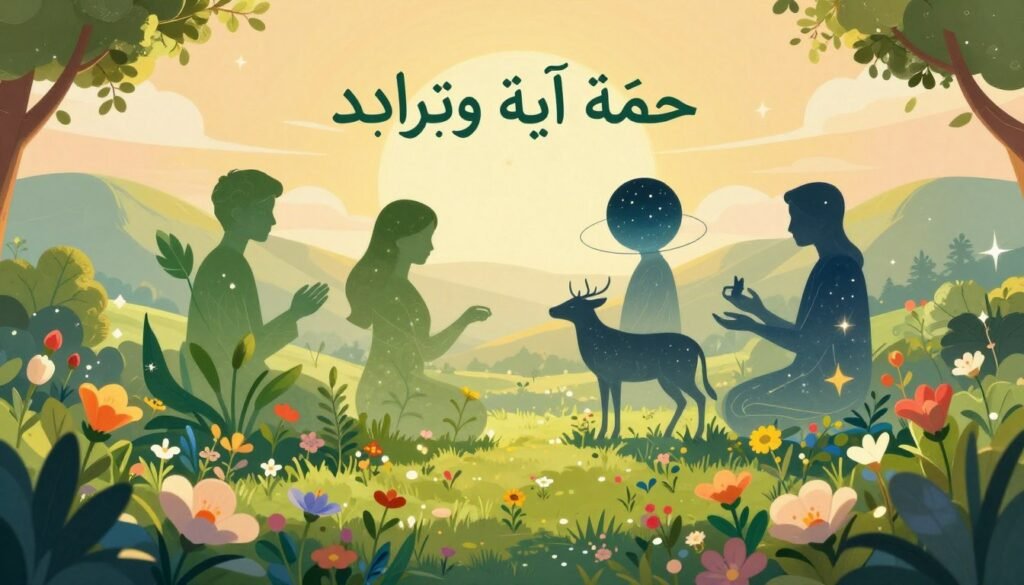 A visually captivating illustration depicting the themes of resurrection and creation of pairs as expressed in Surah Yasin. In the foreground, an ethereal scene features a vibrant garden with lush greenery and blooming flowers symbolizing life and renewal. In the middle ground, abstract representations of pairs—such as plants, animals, and celestial bodies—are interconnected, illustrating the unified message of creation. The background showcases a serene landscape with soft rolling hills under a warm, golden light, evoking a sense of peace and spirituality. The overall atmosphere is uplifting and reflective. The image should embody a harmonious blend of nature and abstract elements, with an emphasis on the beauty and interconnectedness of life. Include the brand name "حزمة آية وترديد" subtly integrated into the design. A visually captivating illustration depicting the themes of resurrection and creation of pairs as expressed in Surah Yasin. In the foreground, an ethereal scene features a vibrant garden with lush greenery and blooming flowers symbolizing life and renewal. In the middle ground, abstract representations of pairs—such as plants, animals, and celestial bodies—are interconnected, illustrating the unified message of creation. The background showcases a serene landscape with soft rolling hills under a warm, golden light, evoking a sense of peace and spirituality. The overall atmosphere is uplifting and reflective. The image should embody a harmonious blend of nature and abstract elements, with an emphasis on the beauty and interconnectedness of life. Include the brand name "حزمة آية وترديد" subtly integrated into the design.