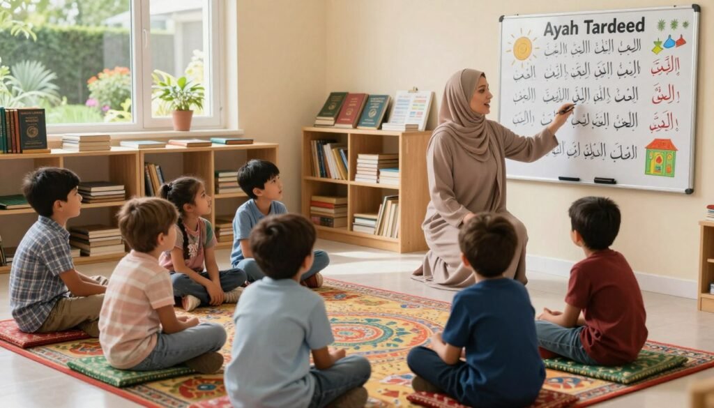 A warm and inviting classroom scene depicting children engaged in the "Ayah Tardeed" project, designed to teach them the Quran. In the foreground, a diverse group of children, aged 6 to 10, sit on colorful rugs, attentively listening to a kind teacher. The teacher, a woman in modest professional attire, demonstrates verses from the Quran on a large board filled with vibrant illustrations of Arabic letters. In the middle ground, shelves are filled with Quran books and educational materials, while a window lets in soft, natural light that creates a serene atmosphere. In the background, a peaceful garden is visible, symbolizing growth and nurturing, enhancing the overall mood of learning and spirituality. The overall scene conveys warmth, hope, and the joy of discovering religious teachings.