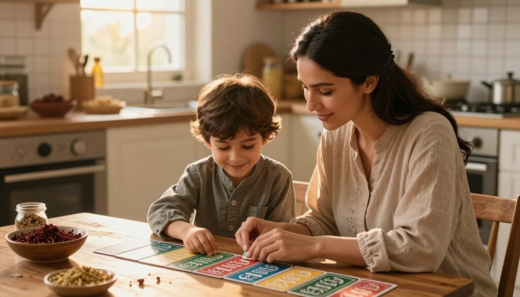 A warm and inviting scene depicting a caring mother helping her child memorize verses from the Quran. In the foreground, the mother, wearing modest casual clothing, is seated at a wooden table with colorful flashcards, teaching the child, who is intently focused and smiling. The child is adorned in comfortable, casual attire. In the middle ground, a cozy kitchen with traditional decor, showcasing spices and cooking ingredients, hints at the mother's culinary skills. In the background, soft, golden sunlight filters through a window, creating a serene atmosphere. The mood is nurturing and supportive, emphasizing the bond between mother and child as they engage in this meaningful learning experience together.