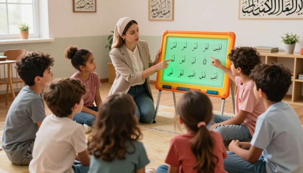 An educational scene illustrating the concept of Arabic phonetics for expatriates. In the foreground, a diverse group of children (dressed in modest casual clothing) are gathered around a brightly colored interactive board displaying Arabic letters with their phonetic symbols. The children, of various ethnic backgrounds, are engaged and pointing at the letters with curiosity. In the middle, a thoughtful teacher, wearing professional attire, guides the children through the pronunciation of the letters, emphasizing the importance of overcoming foreign accents. The background features a cozy classroom setting with Arabic calligraphy on the walls and soft, warm lighting that creates an inviting atmosphere. The angle is slightly elevated, capturing the interaction and focus of the children, conveying a sense of learning and connection to the language.