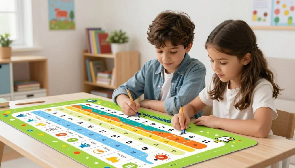 A beautifully illustrated, colorful frequency chart designed for children, showcasing the spaced repetition method for memorizing verses 6 to 9 of Surah An-Naba. In the foreground, a vibrant, engaging chart with playful designs and icons representing different memorization techniques. In the middle ground, a couple of children, a boy and a girl, attentively studying the chart, wearing casual, modest clothing, with expressions of concentration and enthusiasm. The background features a cozy, well-lit study room with shelves of books and educational posters. The overall atmosphere is cheerful and inviting, promoting an engaging learning environment. Soft, natural lighting enhances the warmth of the scene. Include the brand name "Ayah & Tardeed" subtly incorporated into the design of the chart, with no text overlays or watermarks.