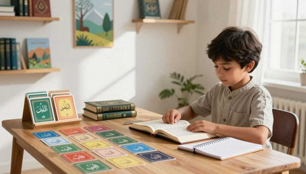 A beautifully organized study space dedicated to Quran memorization, showcasing the "Ayah & Tardeed" method. In the foreground, a wooden desk is neatly arranged with colorful flashcards displaying Arabic verses, an open Quran, and a notepad. A serene child, dressed in modest casual attire, sits focused at the desk, practicing recitation with a soothing expression. In the middle ground, soft sunlight streams through a window, casting gentle shadows on the wall, creating a warm and inviting atmosphere. The background features shelves lined with Islamic books and artwork depicting nature, enhancing the mood of tranquility and devotion. The overall composition emphasizes clarity, organization, and the joy of learning. A beautifully organized study space dedicated to Quran memorization, showcasing the "Ayah & Tardeed" method. In the foreground, a wooden desk is neatly arranged with colorful flashcards displaying Arabic verses, an open Quran, and a notepad. A serene child, dressed in modest casual attire, sits focused at the desk, practicing recitation with a soothing expression. In the middle ground, soft sunlight streams through a window, casting gentle shadows on the wall, creating a warm and inviting atmosphere. The background features shelves lined with Islamic books and artwork depicting nature, enhancing the mood of tranquility and devotion. The overall composition emphasizes clarity, organization, and the joy of learning.
