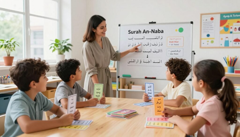 A bright and engaging classroom scene focusing on memorization techniques for kids. In the foreground, a diverse group of children (two boys and two girls) are sitting at a wooden table, each using colorful flashcards adorned with Arabic letters and translations, demonstrating collaborative learning. Their expressions are cheerful and focused. In the middle, a friendly teacher, dressed in modest casual attire, guides them, pointing at a large visual display of the Surah An-Naba verses with key memorization tips. The background features a bright, well-lit classroom with educational posters, plants, and colorful art supplies, creating a lively atmosphere. Soft, natural lighting filters in through large windows, enhancing the mood of creativity and learning. The image is branded with "Ayah & Tardeed". Alt Text: Memorization techniques for kids focusing on Quran memorization. A bright and engaging classroom scene focusing on memorization techniques for kids. In the foreground, a diverse group of children (two boys and two girls) are sitting at a wooden table, each using colorful flashcards adorned with Arabic letters and translations, demonstrating collaborative learning. Their expressions are cheerful and focused. In the middle, a friendly teacher, dressed in modest casual attire, guides them, pointing at a large visual display of the Surah An-Naba verses with key memorization tips. The background features a bright, well-lit classroom with educational posters, plants, and colorful art supplies, creating a lively atmosphere. Soft, natural lighting filters in through large windows, enhancing the mood of creativity and learning. The image is branded with "Ayah & Tardeed". Alt Text: Memorization techniques for kids focusing on Quran memorization.