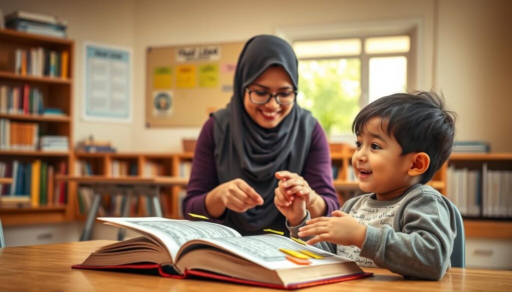 A classroom scene illustrating a young child, dressed in modest casual clothing, enthusiastically engaging with a Quran book, focusing on overcoming memorization challenges. In the foreground, the child is joyfully repeating verses with a look of concentration, using colorful sticky notes to track progress. The middle ground features an encouraging teacher, also in professional attire, helping the child by pointing to specific verses. The background showcases a warm, inviting classroom with bookshelves filled with educational materials, soft natural lighting streaming in through a window to create an uplifting atmosphere. The overall mood is one of inspiration and determination, reflecting the journey of learning and memorization. Alt Text: Overcoming memorization challenges in a child's Quran journey with Ayah & Tardeed.
