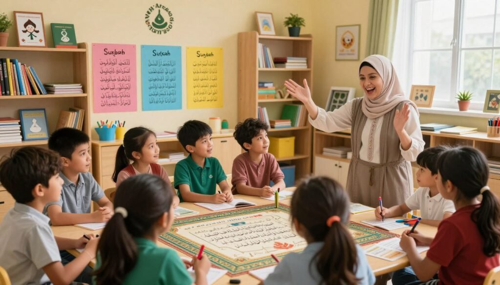 A colorful classroom setting focusing on children's educational activities to learn Surah An-Naba. In the foreground, a diverse group of children, aged 6-10, are gathered around a large illustrated Quran, enthusiastically engaging with a teacher who gestures joyfully while holding a pointer. In the middle, bright posters of the Surah's verses are displayed on the walls, surrounded by educational tools like flashcards and colorful markers. The background features shelves filled with books and Islamic decorations, with warm, inviting lighting pouring in through a window. The atmosphere is lively and inspiring, emphasizing engagement and learning. The brand name "Ayah & Tardeed" is subtly integrated into the classroom design elements. Alt Text: Educational activities for teaching Surah An-Naba to children. A colorful classroom setting focusing on children's educational activities to learn Surah An-Naba. In the foreground, a diverse group of children, aged 6-10, are gathered around a large illustrated Quran, enthusiastically engaging with a teacher who gestures joyfully while holding a pointer. In the middle, bright posters of the Surah's verses are displayed on the walls, surrounded by educational tools like flashcards and colorful markers. The background features shelves filled with books and Islamic decorations, with warm, inviting lighting pouring in through a window. The atmosphere is lively and inspiring, emphasizing engagement and learning. The brand name "Ayah & Tardeed" is subtly integrated into the classroom design elements. Alt Text: Educational activities for teaching Surah An-Naba to children.