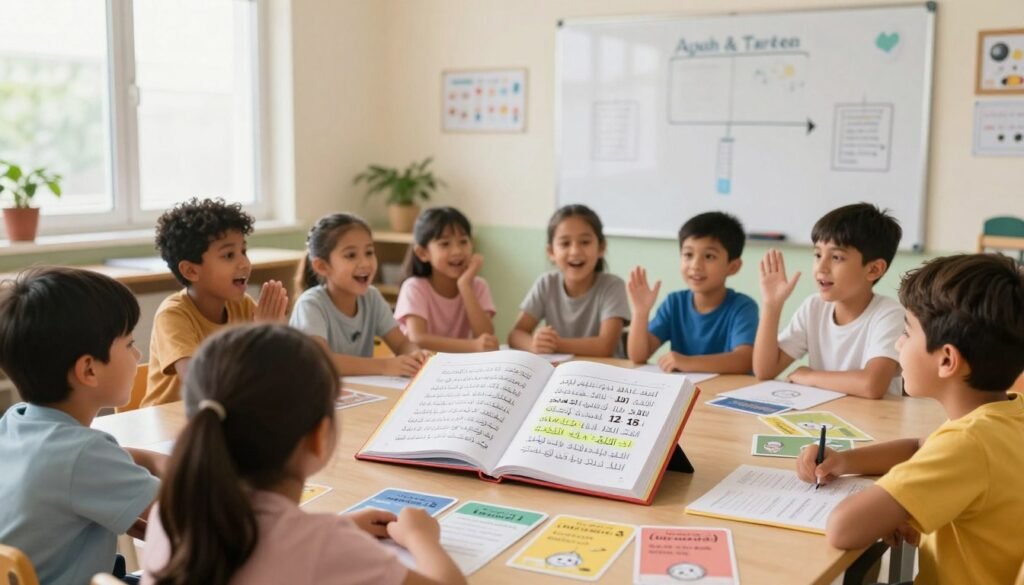A colorful, engaging scene depicting a step-by-step framework for kids to memorize Surah An-Naba Verses 12-15. In the foreground, a diverse group of children, aged 6-10, are sitting in a bright classroom, animatedly participating in a lesson. They are wearing modest, casual clothing, showcasing expressions of excitement and focus. In the middle ground, a large, open book with highlighted verses is positioned on a desk, surrounded by colorful flashcards illustrating key concepts from the verses. The background features a whiteboard with simple drawings and mnemonic aids to aid memorization. Soft, natural lighting streams in through large windows, creating a warm and inviting atmosphere. The branding "Ayah & Tardeed" is subtly incorporated into the classroom environment, enhancing the educational theme of the image. A colorful, engaging scene depicting a step-by-step framework for kids to memorize Surah An-Naba Verses 12-15. In the foreground, a diverse group of children, aged 6-10, are sitting in a bright classroom, animatedly participating in a lesson. They are wearing modest, casual clothing, showcasing expressions of excitement and focus. In the middle ground, a large, open book with highlighted verses is positioned on a desk, surrounded by colorful flashcards illustrating key concepts from the verses. The background features a whiteboard with simple drawings and mnemonic aids to aid memorization. Soft, natural lighting streams in through large windows, creating a warm and inviting atmosphere. The branding "Ayah & Tardeed" is subtly incorporated into the classroom environment, enhancing the educational theme of the image.