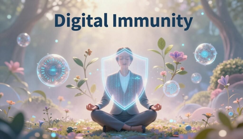 A conceptual illustration symbolizing "Digital Immunity" with a focus on mental and spiritual resilience. In the foreground, a person in professional attire sits cross-legged in a meditative posture, surrounded by a soft, luminous glow. They are enveloped by a translucent digital shield made of intricate binary code patterns, reflecting themes of protection and knowledge. The middle ground features floating abstract shapes representing artificial intelligence and technology, merging harmoniously with nature, like leaves and flowers, signifying growth and balance. In the background, a mystical landscape of ethereal light and digital elements creates a dreamlike atmosphere, with soft pastel colors that evoke calmness and introspection. Soft, diffused lighting and a slight bokeh effect enhance the mood of serenity and strength.