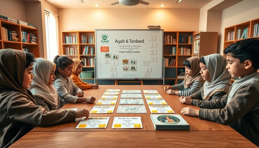 A cozy classroom setting designed for young learners, showcasing several children, aged 7-10, sitting at a large wooden table, attentively engaging with colorful flashcards illustrating the verses of Surah An-Naba. In the foreground, a diverse group of children, dressed in modest clothing, enthusiastically participate in a hands-on memorization activity. The middle ground features a whiteboard displaying the "Ayah & Tardeed" logo and visual aids that highlight the structured learning path. The background includes warm, soft lighting that creates an inviting atmosphere, with bookshelves filled with educational resources and a large window letting in natural light, enhancing the overall sense of focus and collaboration. This educational image aims to inspire and showcase visual learning methods for memorizing Juz Amma.