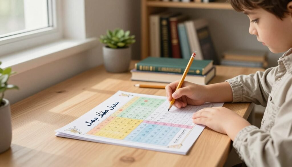 A cozy study environment featuring a well-organized 'جدول حفظ جزء عمّا' displayed prominently on a wooden desk. In the foreground, a beautifully designed chart with colorful sections outlining daily memorization goals, adorned with elegant Arabic calligraphy. The middle ground shows a pair of small hands, a child dressed in modest casual clothing, holding a pencil and actively engaging with the chart. The background features a softly lit bookshelf filled with Islamic books and a subtle potted plant, creating a tranquil atmosphere. Warm, natural light filters through a window, casting gentle shadows, enhancing the inviting and focused mood of a dedicated study space.