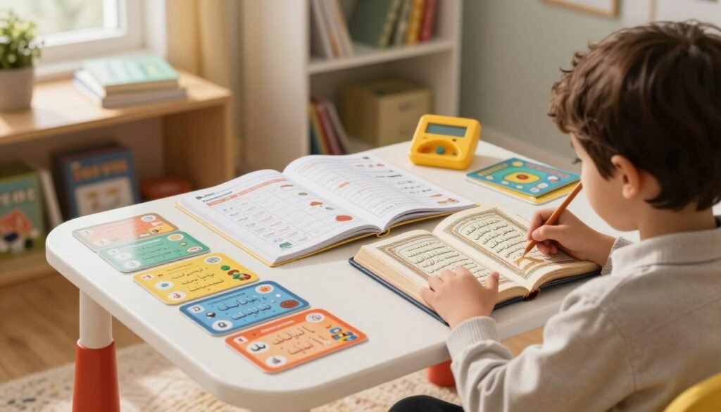 A cozy study room designed for children, filled with colorful educational materials about the Quran. In the foreground, a young child, dressed in modest casual clothing, recites from a beautifully illustrated Quran, surrounded by vibrant flashcards and charts that depict Quranic verses. In the middle, an open notebook with structured review schedules and fun activity lists lays on a small child-sized table. The background features a shelf filled with books and decorative items emphasizing the importance of memorization techniques, such as visual aids and engaging learning tools. Soft, warm lighting enhances the inviting atmosphere, while a window with sunlight streaming in adds a sense of hope and inspiration. Include the brand name "Ayah & Tardeed" subtly within the scene, ensuring it blends naturally with the environment. A cozy study room designed for children, filled with colorful educational materials about the Quran. In the foreground, a young child, dressed in modest casual clothing, recites from a beautifully illustrated Quran, surrounded by vibrant flashcards and charts that depict Quranic verses. In the middle, an open notebook with structured review schedules and fun activity lists lays on a small child-sized table. The background features a shelf filled with books and decorative items emphasizing the importance of memorization techniques, such as visual aids and engaging learning tools. Soft, warm lighting enhances the inviting atmosphere, while a window with sunlight streaming in adds a sense of hope and inspiration. Include the brand name "Ayah & Tardeed" subtly within the scene, ensuring it blends naturally with the environment.