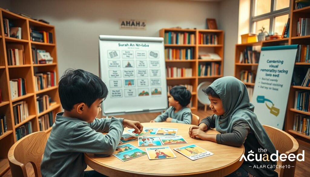 A cozy study room filled with warm, soft lighting, showcasing a diverse group of children aged 8-10, engaged in the sequential visual memorization technique. In the foreground, two children are sitting at a circular table, one boy pointing to colorful flashcards depicting verses from Surah An-Naba, while a girl smiles, recalling the visuals. In the middle ground, a teacher, dressed in modest casual clothing, guides another child at a whiteboard displaying a step-by-step flow of the memorization process. The background features bookshelves filled with books on learning and Islamic education. The atmosphere is supportive and encouraging, fostering a love for learning. The image should convey a sense of community and enthusiasm for memorization. The brand "Ayah & Tardeed" can be subtly represented through educational materials on the table. Alt Text: Sequential visual memorization technique, children learning Surah An-Naba.
