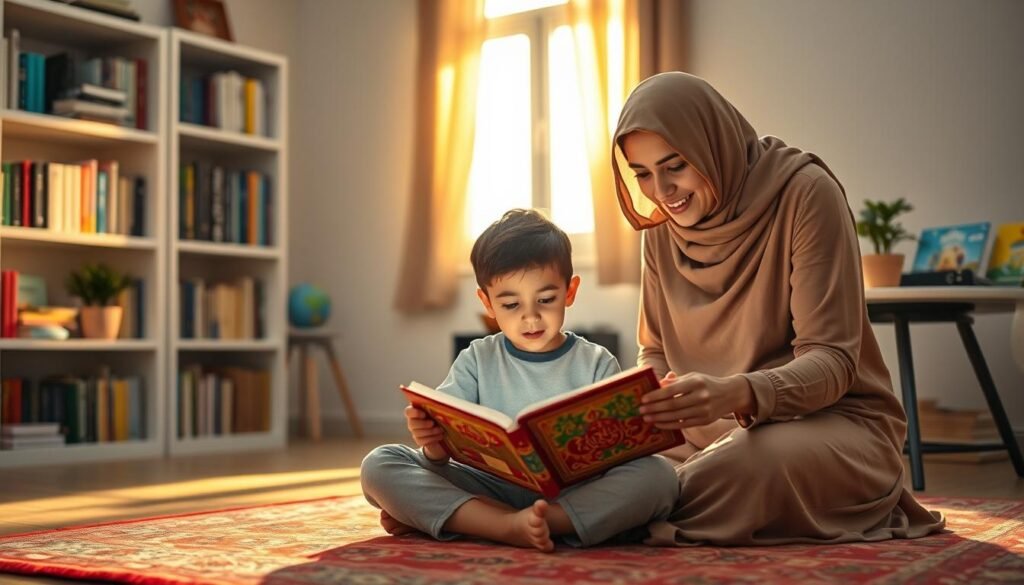 A cozy, warmly lit room with soft golden light filtering through a window, casting gentle shadows. In the foreground, a child, around 8 years old, sits cross-legged on a comfortable rug, peering attentively at a colorful Quran. Beside them, a supportive parent, dressed in modest casual clothing, leans in, guiding them gently with a proud smile. The child resembles Middle Eastern descent, with a determined expression. In the background, bookshelves filled with Islamic literature and colorful children’s books create an inviting atmosphere. A small table with study materials and a potted plant adds personal touches. The image conveys a sense of nurturing learning and overcoming challenges together, embodying the bond between parent and child during the memorization journey. Alt Text: Child memorising surah an-naba with parent support. Brand: Ayah & Tardeed.