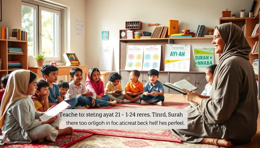 A cozy, well-lit classroom setting, where a diverse group of children sit on colorful rugs, engaged in learning. In the foreground, a teacher, dressed in modest casual attire, smiles warmly as she demonstrates the steps to memorize Ayat 21-24 of Surah An-Naba. The children look focused and enthusiastic, some with books open, others taking notes. In the middle ground, educational posters displaying key concepts of the Surah are pinned to the walls. Soft, natural light filters through large windows, creating a welcoming atmosphere. The background shows shelves filled with books and art supplies, fostering a sense of creativity. Alt Text: Teaching Surah An-Naba to children by Ayah & Tardeed, highlighting tips for memorization. A cozy, well-lit classroom setting, where a diverse group of children sit on colorful rugs, engaged in learning. In the foreground, a teacher, dressed in modest casual attire, smiles warmly as she demonstrates the steps to memorize Ayat 21-24 of Surah An-Naba. The children look focused and enthusiastic, some with books open, others taking notes. In the middle ground, educational posters displaying key concepts of the Surah are pinned to the walls. Soft, natural light filters through large windows, creating a welcoming atmosphere. The background shows shelves filled with books and art supplies, fostering a sense of creativity. Alt Text: Teaching Surah An-Naba to children by Ayah & Tardeed, highlighting tips for memorization.
