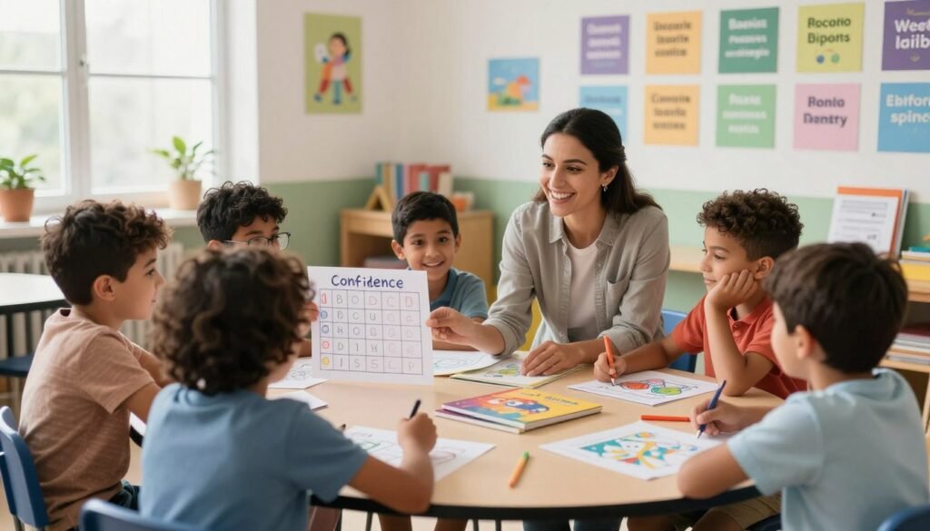 A diverse group of children, aged 6 to 10, are gathered in a sunlit, inviting classroom, actively participating in a guided activity on building confidence and certainty. In the foreground, a girl with curly hair and glasses is showing a handmade confidence chart, while a boy with a dark complexion nods enthusiastically, intrigued by her work. The middle ground features a warm-hearted teacher of Middle-Eastern descent, encouraging the discussion with an engaging smile, seated at a round table filled with coloring materials and books. The background showcases a colorful wall adorned with motivational posters in various languages, symbolizing cultural diversity. Soft daylight filters through large windows, creating a cheerful and hopeful atmosphere, emphasizing the importance of certainty as a protective psychological shield for children in the community. The overall mood is inspiring and nurturing, encouraging a sense of belonging and confidence among the children. A diverse group of children, aged 6 to 10, are gathered in a sunlit, inviting classroom, actively participating in a guided activity on building confidence and certainty. In the foreground, a girl with curly hair and glasses is showing a handmade confidence chart, while a boy with a dark complexion nods enthusiastically, intrigued by her work. The middle ground features a warm-hearted teacher of Middle-Eastern descent, encouraging the discussion with an engaging smile, seated at a round table filled with coloring materials and books. The background showcases a colorful wall adorned with motivational posters in various languages, symbolizing cultural diversity. Soft daylight filters through large windows, creating a cheerful and hopeful atmosphere, emphasizing the importance of certainty as a protective psychological shield for children in the community. The overall mood is inspiring and nurturing, encouraging a sense of belonging and confidence among the children.