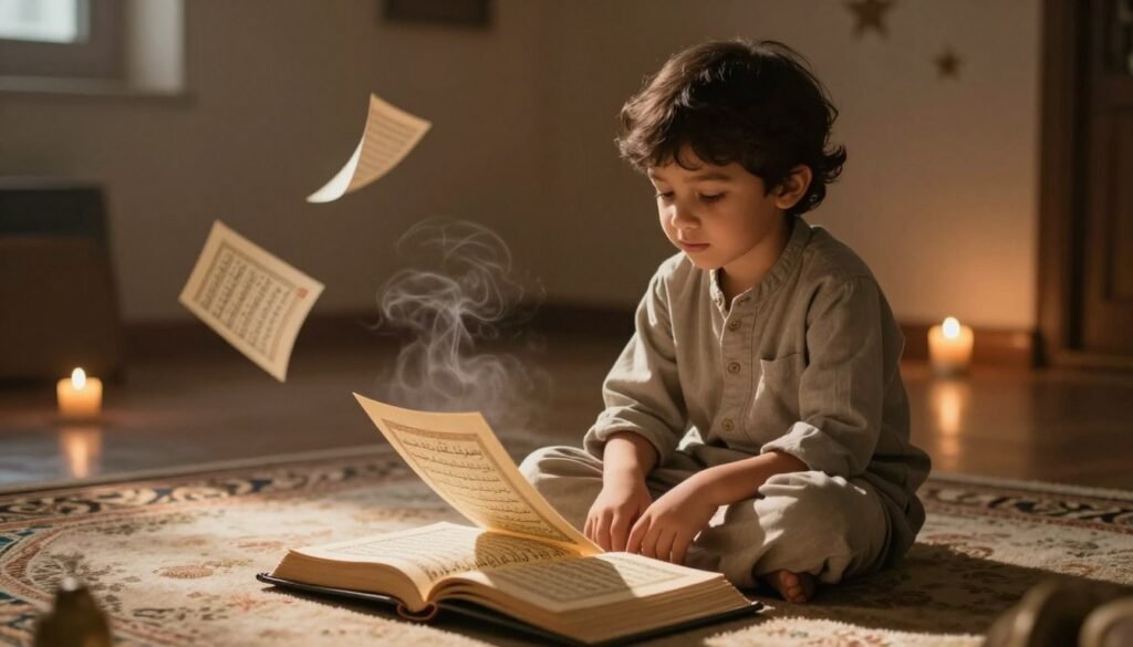 A serene and contemplative scene depicting a young child sitting cross-legged on a soft, illuminated carpet, surrounded by open pages of "جزء عم" (Juz Amma) gently fluttering in a soft breeze. The child, wearing modest casual clothing, has an expression of tranquility and wonder, gazing at the pages with soft, warm light casting delicate shadows. In the background, a dimly lit room softly illuminated by a few flickering candles creates a calming atmosphere. Subtle star motifs can be seen on the walls, enhancing a sense of peace and introspection. The overall mood is one of quiet reflection and spiritual comfort, evoking a feeling of safety and warmth amidst life’s uncertainties. The scene is captured with a cozy, close-up angle to emphasize the intimacy and connection between the child and the sacred text.