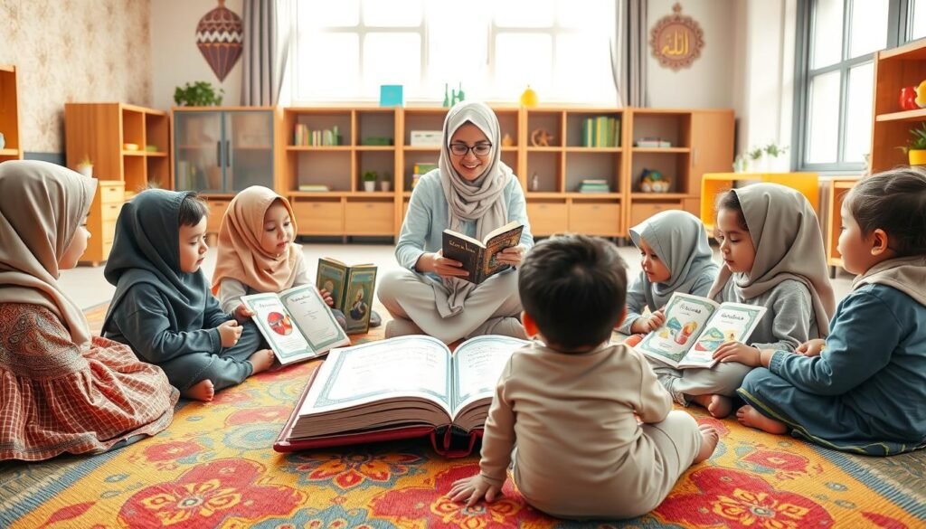 A serene and inspiring scene depicting a comprehensive learning system for children to memorize the Quran, specifically focusing on Surah An-Naba. In the foreground, a diverse group of children, all wearing modest casual clothing, sit attentively around a colorful, inviting learning mat. They engage with interactive learning tools such as Quran flashcards and storybooks labeled "Ayah & Tardeed." In the middle ground, a warm-hearted teacher guides them, demonstrating verses with visual aids, ensuring a nurturing environment. The background features bright, cheerful classroom decor with Islamic motifs and soft lighting pouring in from large windows. The atmosphere should feel uplifting and encouraging, emphasizing the joy of learning together. A serene and inspiring scene depicting a comprehensive learning system for children to memorize the Quran, specifically focusing on Surah An-Naba. In the foreground, a diverse group of children, all wearing modest casual clothing, sit attentively around a colorful, inviting learning mat. They engage with interactive learning tools such as Quran flashcards and storybooks labeled "Ayah & Tardeed." In the middle ground, a warm-hearted teacher guides them, demonstrating verses with visual aids, ensuring a nurturing environment. The background features bright, cheerful classroom decor with Islamic motifs and soft lighting pouring in from large windows. The atmosphere should feel uplifting and encouraging, emphasizing the joy of learning together.