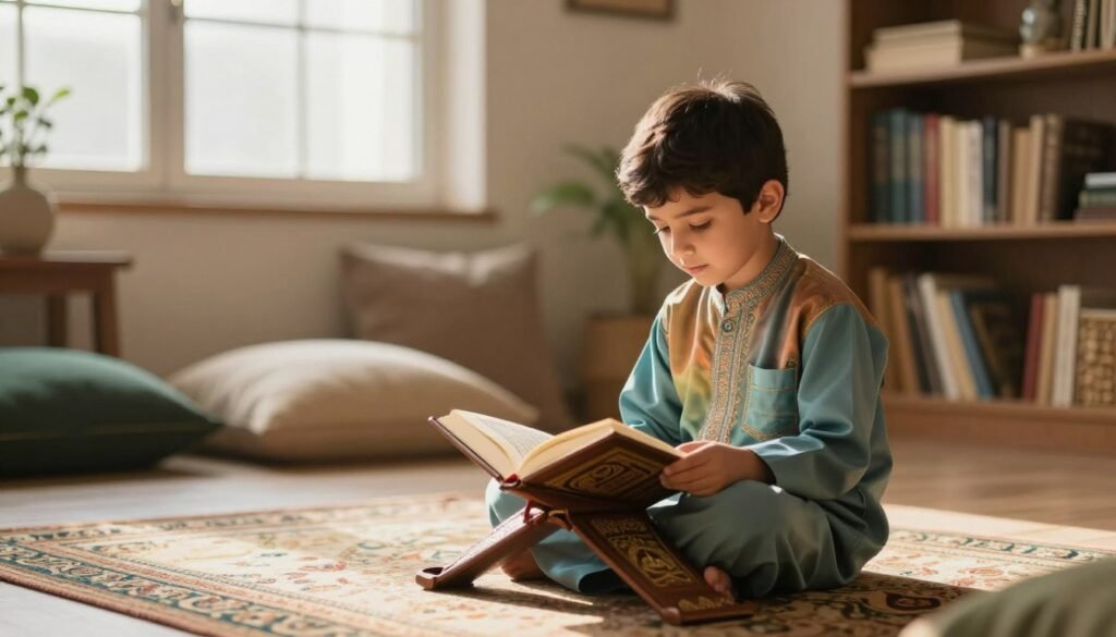 A serene and inspiring scene depicting a young child sitting cross-legged on a soft rug, engrossed in reading the Quran. In the foreground, the child, a Middle-Eastern boy around 7 years old, is dressed in modest, colorful traditional clothing. The middle ground features a warm, softly lit room filled with bookshelves and plush cushions, creating a cozy atmosphere. The background showcases a large window with gentle sunlight filtering through, casting a calming glow throughout the space. The mood is reflective and peaceful, highlighting the importance of learning and personal growth through Quranic teachings. The focus is on the child's concentration and joy, embodying the journey from memorization to character development.