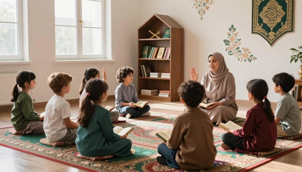 A serene and inviting classroom setting designed for teaching children the Quran. In the foreground, a diverse group of children aged 6-10, sitting on colorful rugs, attentively listening to a kind teacher, a middle-aged woman dressed in modest, professional attire. The children are engaged, some raising their hands, while others hold miniature Quran books. In the middle ground, traditional Islamic decor, such as a beautifully designed bookshelf with Quran and Islamic literature, presents a warm and nurturing learning environment. Soft, natural sunlight streams through large windows, casting a gentle glow on the scene, enhancing the atmosphere of peace and spirituality. The background features delicate floral patterns inspired by Islamic art, evoking a sense of tradition and respect. The mood is joyful and inspiring, reflecting a commitment to nurturing young hearts and minds.