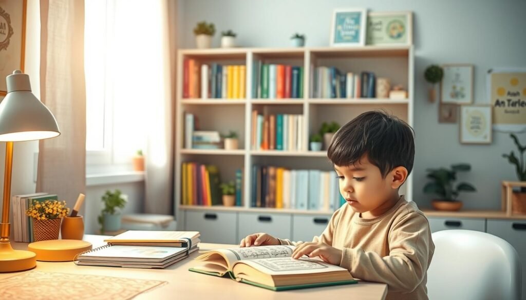 A serene and inviting study space designed for children’s Quran mastery, featuring a beautifully organized desk with colorful educational materials. In the foreground, a young child, wearing modest casual clothing, is engaged in reciting verses from the Quran with focused concentration, their face illuminated by warm, soft lighting from a nearby lamp. The middle ground displays a bookshelf filled with various Quranic texts, including the "Ayah & Tardeed Mastery Package", alongside decorative items like plants and motivational posters. The background features a window with soft sunlight streaming in, creating a peaceful atmosphere that emphasizes a nurturing learning environment. The overall mood is encouraging and supportive, inspiring a sense of dedication to memorizing Surah An-Naba Verses 15-18 through repeat-after-me methods. Alt Text: Ayah & Tardeed system Quran mastery in a child-friendly study space.
