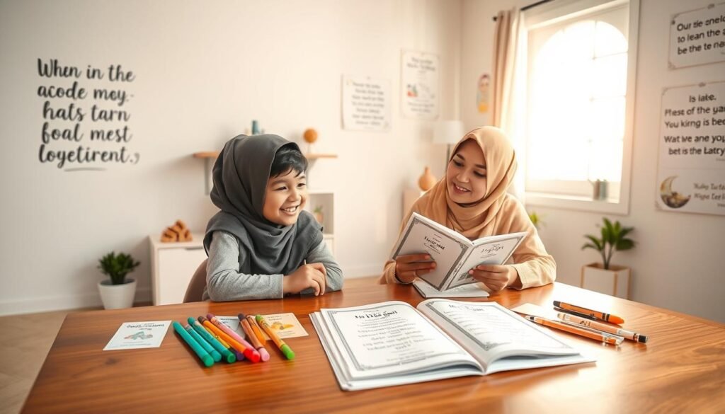 A serene and inviting study space featuring educational materials for children focusing on memorizing Quranic verses. In the foreground, a beautifully decorated wooden table displays colorful flashcards with verses from Surah An-Naba (19-21) alongside playful art supplies such as markers and paper, symbolizing learning through creativity. In the middle, a cheerful child, dressed in modest casual clothing, is attentively following along with a knowledgeable teacher, both engaged in a visual training session. In the background, a bright window floods the room with soft, natural light, illuminating pastel-colored walls adorned with motivating Islamic quotes and illustrations. The atmosphere is warm, encouraging, and focused, embodying the essence of "Ayah & Tardeed" as the gateway to mastering Juzz Amma through visual memorization. The overall composition should evoke a sense of joy and motivation for children in their learning journey.
