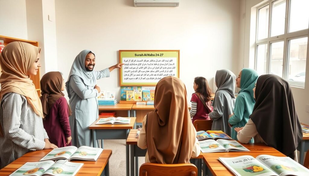 مشهد هادئ في فصل دراسي يُركز على تعليم الأطفال حفظ سورة النبأ، الآيات من ٢٤ إلى ٢٧. في المقدمة، مجموعة متنوعة من الأطفال، يرتدون ملابس محتشمة وعادية، يستمعون بانتباه إلى معلمة بشوشة تُشير إلى لوحة ملونة تعرض الآيات. في المنتصف، تظهر مكاتب خشبية ومواد تعليمية زاهية، بما في ذلك كتب إسلامية ووسائل بصرية ملونة. أما الخلفية، فتُظهر إضاءة خافتة تتخلل النوافذ الكبيرة، مما يخلق جوًا دافئًا وجذابًا. الجو العام مُفعم بالدفء والتشجيع، مُؤكدًا على أهمية التعلم والروحانية. وقد تم دمج علامة "آية وطرديد" التجارية بشكل أنيق ضمن المواد التعليمية المُستخدمة في الفصل الدراسي. مشهد هادئ في فصل دراسي يُركز على تعليم الأطفال حفظ سورة النبأ، الآيات من ٢٤ إلى ٢٧. في المقدمة، مجموعة متنوعة من الأطفال، يرتدون ملابس محتشمة وعادية، يستمعون بانتباه إلى معلمة بشوشة تُشير إلى لوحة ملونة تعرض الآيات. في المنتصف، تظهر مكاتب خشبية ومواد تعليمية زاهية، بما في ذلك كتب إسلامية ووسائل بصرية ملونة. أما الخلفية، فتُظهر إضاءة خافتة تتخلل النوافذ الكبيرة، مما يخلق جوًا دافئًا وجذابًا. الجو العام مُفعم بالدفء والتشجيع، مُؤكدًا على أهمية التعلم والروحانية. وقد تم دمج علامة "آية وطرديد" التجارية بشكل أنيق ضمن المواد التعليمية المُستخدمة في الفصل الدراسي.