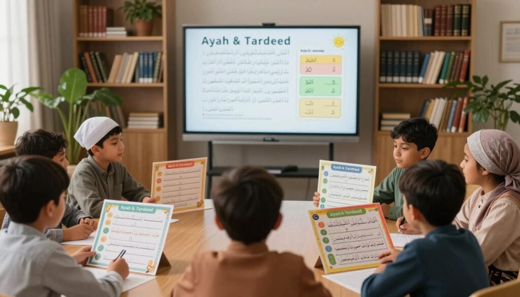A serene classroom setting dedicated to Quran memorization techniques. In the foreground, a diverse group of Muslim children, dressed in modest casual clothing, are engaged with colorful charts and diagrams depicting the "Ayah & Tardeed" system. In the middle ground, an interactive whiteboard displays visual aids illustrating key Quranic verses and mnemonic devices. The background features a softly lit library filled with Islamic books, surrounded by plants that add warmth to the room. The lighting is natural, highlighting the children's focused expressions and the vibrant colors of the learning materials. The atmosphere is one of calm enthusiasm and inspiration, embodying a transformative approach to Quranic education. The image is free of text and promotional elements, focusing instead on the techniques and environment.