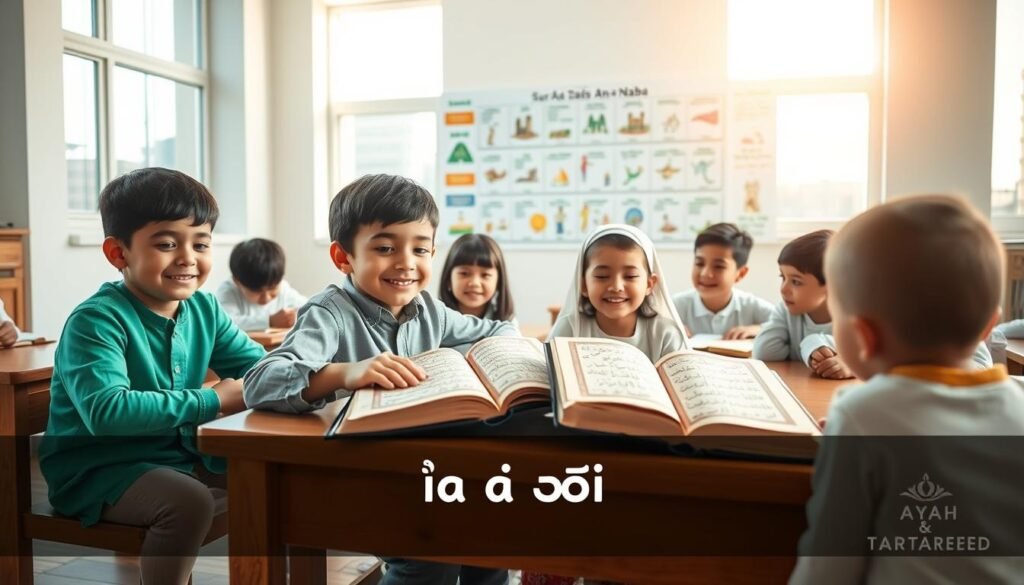 مشهدٌ هادئٌ في قاعة دراسية، يضمّ مجموعةً متنوعةً من الأطفال يحفظون القرآن الكريم، ويركّزون تحديدًا على الآيات من 24 إلى 27 من سورة النبأ. في المقدمة، يجلس طفلٌ وطفلةٌ على طاولةٍ خشبية، يتلوان من صفحاتٍ مزخرفةٍ من القرآن الكريم، وهما يبتسمان، ما يعكس فرحتهما بالتعلم. في المنتصف، تظهر لوحةٌ جداريةٌ كبيرةٌ برسوماتٍ ملونةٍ ترمز إلى المفاهيم الأساسية من الآيات، مما يُعزز حفظها. في الخلفية، يتسلل ضوءٌ خافتٌ عبر نوافذ كبيرة، ليُضفي وهجًا دافئًا على المشهد، ويُوحي بالسكينة والتركيز. يظهر شعارٌ رقيقٌ لـ "آية وطرديد" في الزاوية السفلية. الجوّ العام إيجابيٌّ ومُحفّز، ويهدف إلى تشجيع الأطفال على دراسة القرآن الكريم. مشهدٌ هادئٌ في قاعة دراسية، يضمّ مجموعةً متنوعةً من الأطفال يحفظون القرآن الكريم، ويركّزون تحديدًا على الآيات من 24 إلى 27 من سورة النبأ. في المقدمة، يجلس طفلٌ وطفلةٌ على طاولةٍ خشبية، يتلوان من صفحاتٍ مزخرفةٍ من القرآن الكريم، وهما يبتسمان، ما يعكس فرحتهما بالتعلم. في المنتصف، تظهر لوحةٌ جداريةٌ كبيرةٌ برسوماتٍ ملونةٍ ترمز إلى المفاهيم الأساسية من الآيات، مما يُعزز حفظها. في الخلفية، يتسلل ضوءٌ خافتٌ عبر نوافذ كبيرة، ليُضفي وهجًا دافئًا على المشهد، ويُوحي بالسكينة والتركيز. يظهر شعارٌ رقيقٌ لـ "آية وطرديد" في الزاوية السفلية. الجوّ العام إيجابيٌّ ومُحفّز، ويهدف إلى تشجيع الأطفال على دراسة القرآن الكريم.