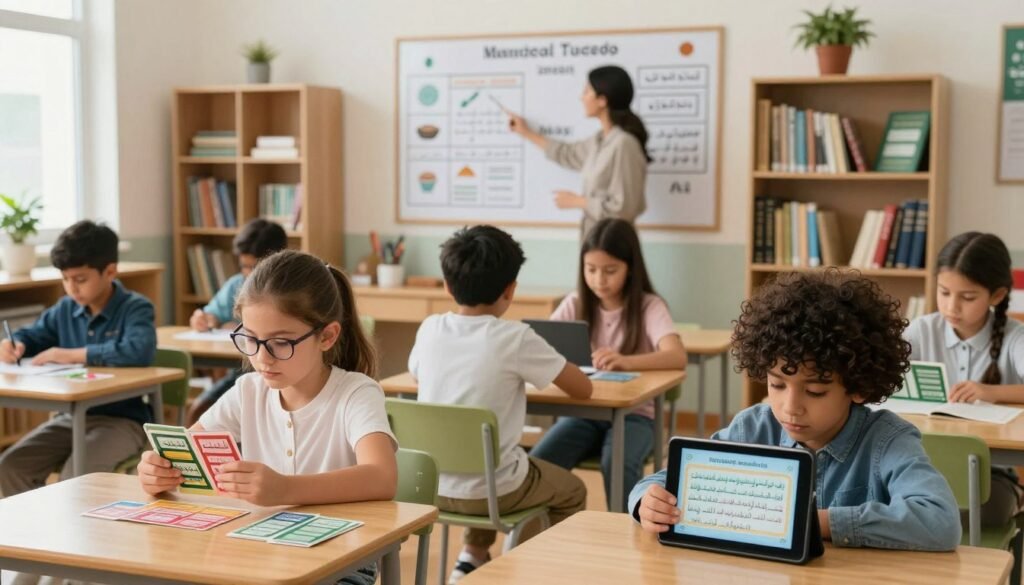 A serene classroom setting filled with natural light, showcasing a diverse group of children aged 6-10 sitting at small wooden desks, engaged in various effective memorization methods for the Quran. In the foreground, a young girl with brown hair and glasses uses colorful flashcards, while a boy with curly black hair recites verses from a tablet. The middle ground features a friendly teacher pointing to a large, illustrative chart on the wall depicting memorization techniques like repetition, visual aids, and auditory learning. The background reveals a cozy, inviting library nook with bookshelves filled with Quranic texts. The overall mood is warm and focused, emphasizing a supportive learning environment. The brand "Ayah & Tardeed" is subtly integrated into the classroom decor, enhancing the atmosphere of dedicated learning.
