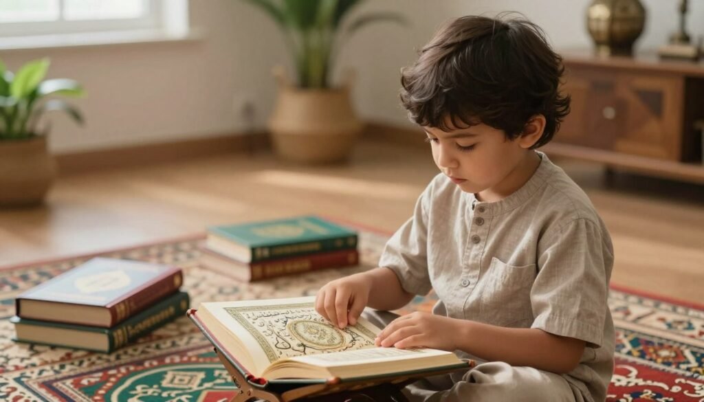 A serene indoor scene depicting a young child sitting cross-legged, deeply focused on a beautifully illustrated Quran. The foreground shows the child in modest, comfortable attire, surrounded by warm, soft lighting that highlights their expression of contemplation. In the middle ground, there are colorful books and educational materials related to Quranic study, symbolizing the importance of learning and reflection. The background features a cozy, inviting room with traditional Islamic decor, including a decorative rug and plant life to evoke a peaceful atmosphere. The lighting is gentle and natural, hinting at a soft glow from a nearby window. The overall mood conveys tranquility and spiritual growth, emphasizing the significance of understanding and reflecting on the Quran during memorization.