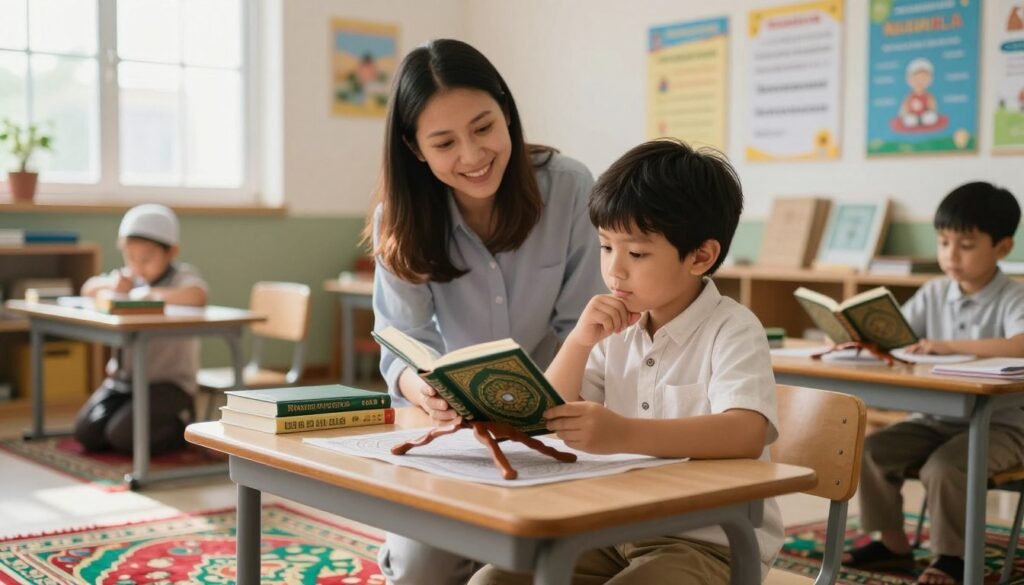 A serene, peaceful classroom environment focused on a young child sitting at a desk, surrounded by colorful learning materials, books, and a Quran. The child, dressed in modest casual clothing, appears engaged and attentive, with a thoughtful expression as they look at the Quran. In the foreground, a colorful prayer rug is visible, enhancing the cultural context. The middle ground features a teacher gently guiding the child with a smile, creating a supportive atmosphere. The background includes soft sunlight streaming through a window, illuminating inspiring educational posters about memorization techniques. The overall mood is uplifting and encouraging, emphasizing readiness and enthusiasm for learning the Quran. A serene, peaceful classroom environment focused on a young child sitting at a desk, surrounded by colorful learning materials, books, and a Quran. The child, dressed in modest casual clothing, appears engaged and attentive, with a thoughtful expression as they look at the Quran. In the foreground, a colorful prayer rug is visible, enhancing the cultural context. The middle ground features a teacher gently guiding the child with a smile, creating a supportive atmosphere. The background includes soft sunlight streaming through a window, illuminating inspiring educational posters about memorization techniques. The overall mood is uplifting and encouraging, emphasizing readiness and enthusiasm for learning the Quran.