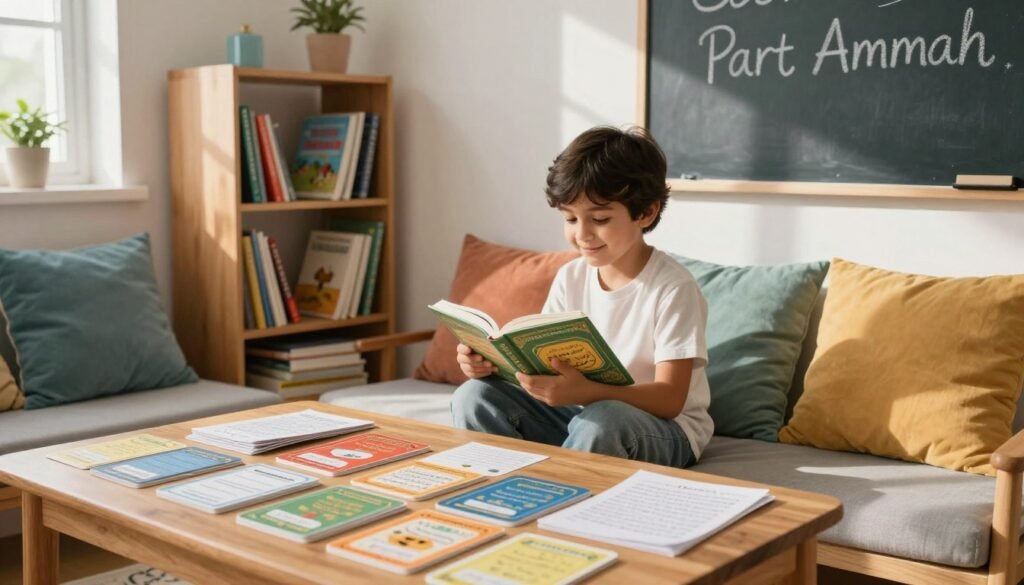 A serene study room designed for children, showcasing a cozy reading nook filled with colorful cushions and a small bookshelf brimming with illustrated books. In the foreground, a wooden table is spread with vibrant flashcards and notes about memorizing Quranic verses, symbolizing effective techniques for learning. In the middle ground, a child, dressed in modest casual clothing, sits attentively, holding a book, with a gentle smile of concentration on their face. Soft, natural light filters in through a window, casting warm shadows that create a calm atmosphere. In the background, a chalkboard is subtly displayed, featuring handwritten reminders and the phrase "Part Ammah" in elegant script. The overall mood exudes encouragement and positivity, inspiring a love for learning.
