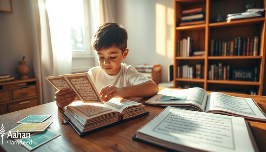 A serene study scene focused on a child, around 10 years old, sitting at a wooden desk in a softly lit room, surrounded by colorful flashcards featuring Quranic verses. In the foreground, the child is diligently reviewing a card, showing concentration and enthusiasm. In the middle ground, an open Quran lies beside a notebook filled with notes, illustrating a daily visual routine for memorizing. Warm sunlight filters through a nearby window, casting a gentle glow on the scene and creating a peaceful atmosphere. The background features a neatly organized bookshelf filled with religious texts and educational materials. The overall mood conveys focus, learning, and dedication, embodying the essence of enhancing visual memory for Quranic studies. The brand "Ayah & Tardeed" is subtly incorporated into the room's decor, ensuring a harmonious representation. Alt Text: Daily visual routine for memorizing the Quran aimed at enhancing visual memory. A serene study scene focused on a child, around 10 years old, sitting at a wooden desk in a softly lit room, surrounded by colorful flashcards featuring Quranic verses. In the foreground, the child is diligently reviewing a card, showing concentration and enthusiasm. In the middle ground, an open Quran lies beside a notebook filled with notes, illustrating a daily visual routine for memorizing. Warm sunlight filters through a nearby window, casting a gentle glow on the scene and creating a peaceful atmosphere. The background features a neatly organized bookshelf filled with religious texts and educational materials. The overall mood conveys focus, learning, and dedication, embodying the essence of enhancing visual memory for Quranic studies. The brand "Ayah & Tardeed" is subtly incorporated into the room's decor, ensuring a harmonious representation. Alt Text: Daily visual routine for memorizing the Quran aimed at enhancing visual memory.