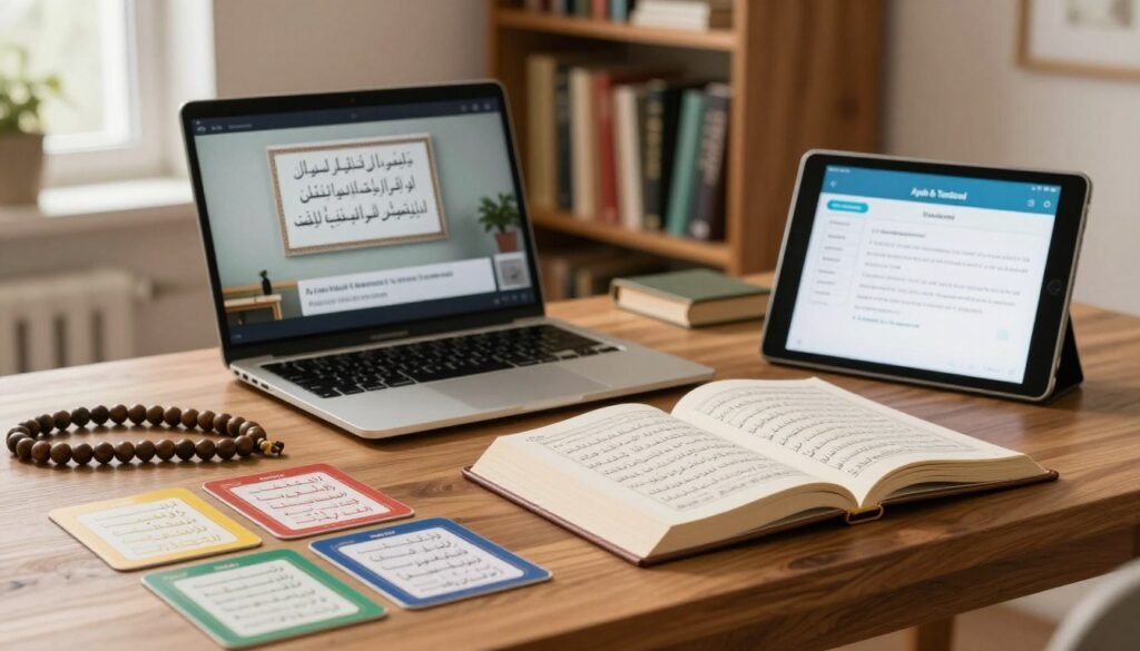 A serene study space designed for Quran memorization, featuring an elegant wooden desk with an open Quran book and a tablet displaying an interactive memorization app from "Ayah & Tardeed." In the foreground, colorful flashcards with key verses are neatly arranged alongside a traditional wooden prayer beads. The middle ground showcases a laptop open to a video tutorial, while a calm and organized bookshelf filled with Islamic literature stands in the background. Soft, warm lighting creates an inviting atmosphere, with hints of natural light filtering through a nearby window. The overall mood is peaceful and focused, encapsulating the concept of digital tools serving as effective aids in memorization without distraction. A serene study space designed for Quran memorization, featuring an elegant wooden desk with an open Quran book and a tablet displaying an interactive memorization app from "Ayah & Tardeed." In the foreground, colorful flashcards with key verses are neatly arranged alongside a traditional wooden prayer beads. The middle ground showcases a laptop open to a video tutorial, while a calm and organized bookshelf filled with Islamic literature stands in the background. Soft, warm lighting creates an inviting atmosphere, with hints of natural light filtering through a nearby window. The overall mood is peaceful and focused, encapsulating the concept of digital tools serving as effective aids in memorization without distraction.