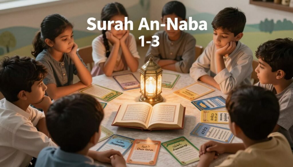 A serene study space focused on the understanding of Surah An-Naba, verses 1-3. In the foreground, a diverse group of children, dressed in modest casual clothing, engaged in thoughtful discussion around a table. They are surrounded by colorful, illustrated flashcards depicting key themes of the verses, such as the resurrection and the Day of Judgment. In the middle, a glowing lamp casts warm light over an open Quran, with pages turned to the relevant verses. The background features soft, faded illustrations of a tranquil landscape symbolizing peace and understanding, enhancing the educational atmosphere. Capture this scene with a slightly overhead angle, using soft focus to create an inviting and inspiring mood. Alt text: Image illustrating the understanding of Surah An-Naba, verses 1-3 for children, by Ayah & Tardeed. A serene study space focused on the understanding of Surah An-Naba, verses 1-3. In the foreground, a diverse group of children, dressed in modest casual clothing, engaged in thoughtful discussion around a table. They are surrounded by colorful, illustrated flashcards depicting key themes of the verses, such as the resurrection and the Day of Judgment. In the middle, a glowing lamp casts warm light over an open Quran, with pages turned to the relevant verses. The background features soft, faded illustrations of a tranquil landscape symbolizing peace and understanding, enhancing the educational atmosphere. Capture this scene with a slightly overhead angle, using soft focus to create an inviting and inspiring mood. Alt text: Image illustrating the understanding of Surah An-Naba, verses 1-3 for children, by Ayah & Tardeed.