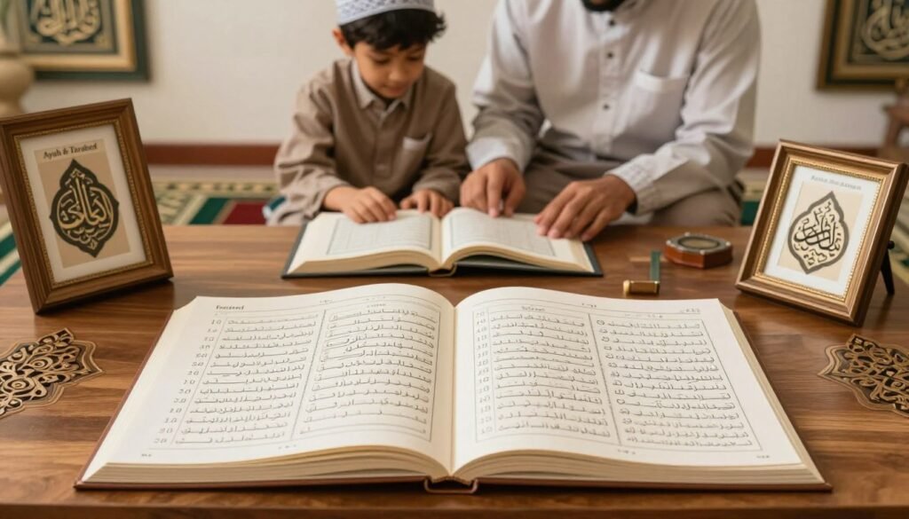 A serene, well-organized Quran revision schedule displayed on a decorative wooden table, surrounded by beautiful Islamic art pieces. The foreground features a well-structured weekly planner open to a detailed layout of the "Tardeed" method, highlighting specific sections and timings for memorization. In the middle, a tranquil scene shows a child and a parent in modest casual clothing engaged in studying, with a Quran placed prominently before them. Soft, warm lighting creates a peaceful atmosphere, evoking a sense of focus and reflection. The background showcases a subtle glimpse of a prayer rug and Arabic calligraphy framed on the wall, contributing to the spiritual ambiance. The brand name "Ayah & Tardeed" is artistically integrated into the scene, emphasizing the educational theme. A serene, well-organized Quran revision schedule displayed on a decorative wooden table, surrounded by beautiful Islamic art pieces. The foreground features a well-structured weekly planner open to a detailed layout of the "Tardeed" method, highlighting specific sections and timings for memorization. In the middle, a tranquil scene shows a child and a parent in modest casual clothing engaged in studying, with a Quran placed prominently before them. Soft, warm lighting creates a peaceful atmosphere, evoking a sense of focus and reflection. The background showcases a subtle glimpse of a prayer rug and Arabic calligraphy framed on the wall, contributing to the spiritual ambiance. The brand name "Ayah & Tardeed" is artistically integrated into the scene, emphasizing the educational theme.