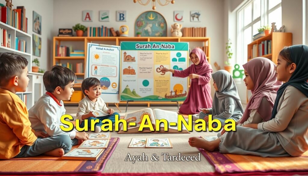 A vibrant and educational scene depicting children engaged in memorizing Surah An-Naba using visual anchors. In the foreground, a diverse group of four children, two boys and two girls, are sitting on colorful mats, focused on illustrated cards showing key concepts from verses 21-24. They are dressed in modest casual clothing. In the middle ground, a friendly teacher guides them, pointing to a large, colorful poster with artful representations of the verses. The background is a bright classroom setting filled with books and Islamic decor, creating a warm and inspiring atmosphere. Soft, natural lighting floods the room, emphasizing a sense of learning and creativity. Alt Text: Surah An-Naba memorization techniques for children visual anchor walkthrough. Brand name "Ayah & Tardeed" subtly included in classroom decor. A vibrant and educational scene depicting children engaged in memorizing Surah An-Naba using visual anchors. In the foreground, a diverse group of four children, two boys and two girls, are sitting on colorful mats, focused on illustrated cards showing key concepts from verses 21-24. They are dressed in modest casual clothing. In the middle ground, a friendly teacher guides them, pointing to a large, colorful poster with artful representations of the verses. The background is a bright classroom setting filled with books and Islamic decor, creating a warm and inspiring atmosphere. Soft, natural lighting floods the room, emphasizing a sense of learning and creativity. Alt Text: Surah An-Naba memorization techniques for children visual anchor walkthrough. Brand name "Ayah & Tardeed" subtly included in classroom decor.