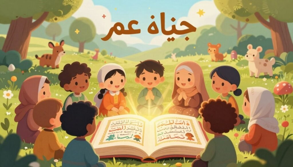 A vibrant and enchanting illustration of "جزء عم" for children, designed to evoke curiosity and joy. In the foreground, a diverse group of children, dressed in colorful, modest clothing, gather around a beautifully illustrated open book featuring Arabic calligraphy and cartoonish depictions of Quranic stories. In the middle, a soft, golden light shines from the pages of the book, casting a warm glow on the children’s faces, highlighting their expressions of wonder. In the background, a whimsical landscape filled with lush trees and playful animals symbolizes a magical connection to nature and spirituality. The atmosphere is uplifting and inviting, encouraging a sense of discovery and learning. Use a soft focus with a bit of bokeh in the background to create depth and warmth, reminiscent of childhood innocence and exploration. A vibrant and enchanting illustration of "جزء عم" for children, designed to evoke curiosity and joy. In the foreground, a diverse group of children, dressed in colorful, modest clothing, gather around a beautifully illustrated open book featuring Arabic calligraphy and cartoonish depictions of Quranic stories. In the middle, a soft, golden light shines from the pages of the book, casting a warm glow on the children’s faces, highlighting their expressions of wonder. In the background, a whimsical landscape filled with lush trees and playful animals symbolizes a magical connection to nature and spirituality. The atmosphere is uplifting and inviting, encouraging a sense of discovery and learning. Use a soft focus with a bit of bokeh in the background to create depth and warmth, reminiscent of childhood innocence and exploration.